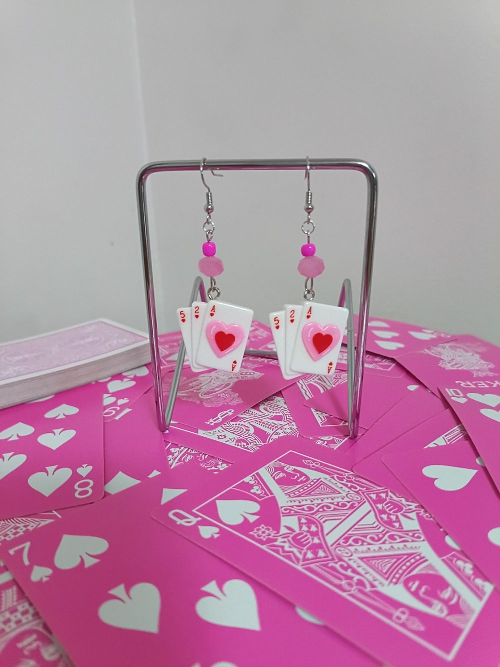 Pink Heart Playing Card Dangle Earrings Handmade - Picture 1 of 1